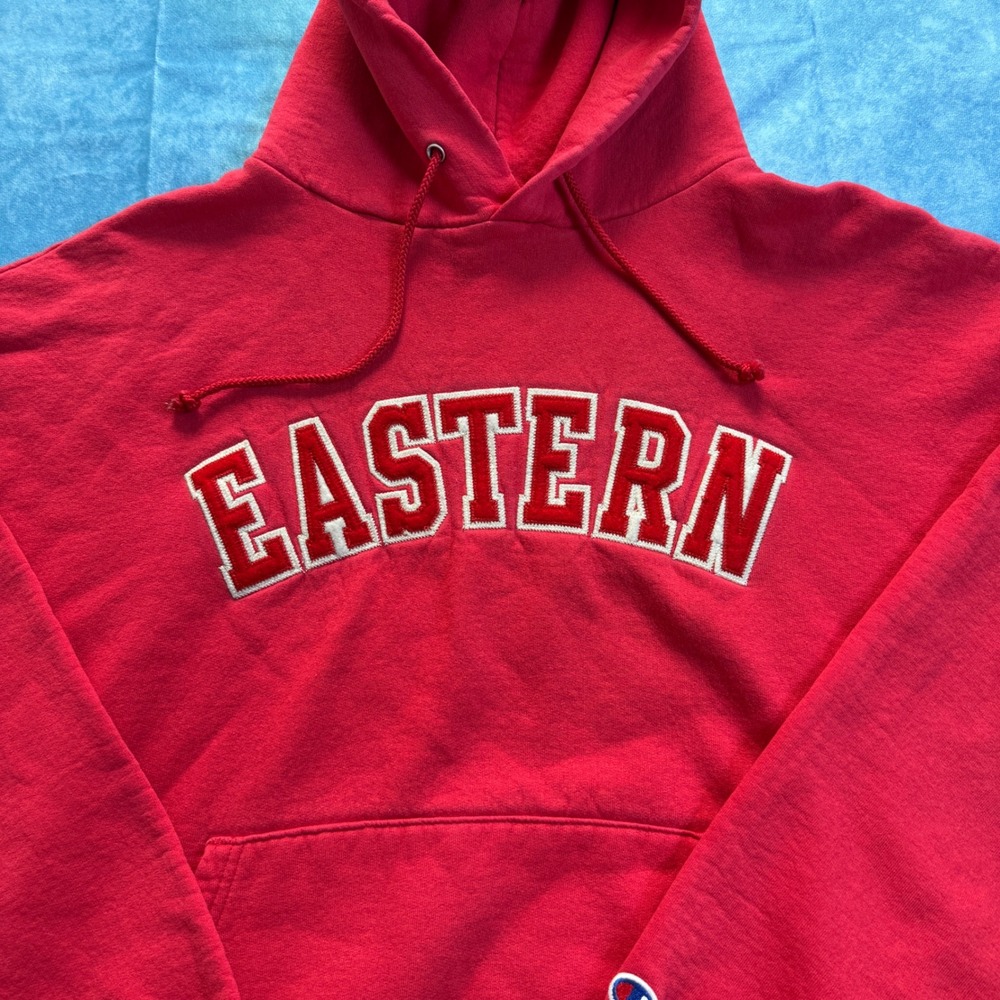 Y2K Champion Eastern College Hoodie Red Pullover Sweatshirt XL USA Style - Picture 2 of 8